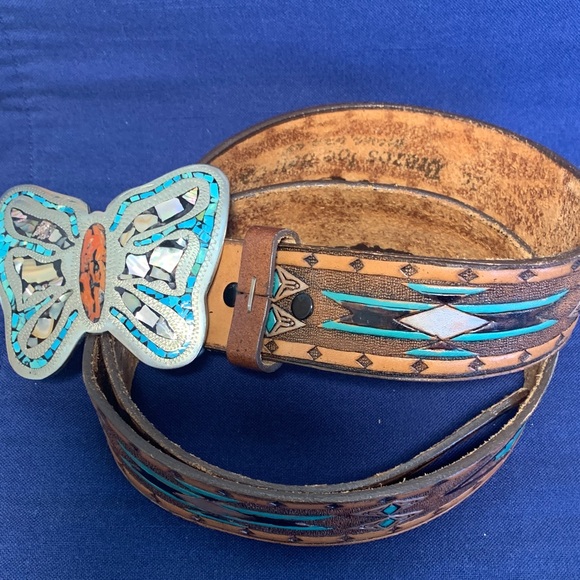Accessories - Butterfly Turquoise Coral Mother of Pearl Belt Buckle with Belt